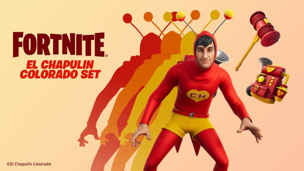El Chapulín Colorado Fortnite skin displayed with signature red outfit