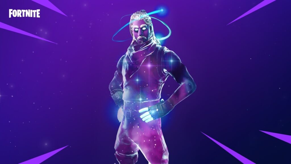 Galaxy Fortnite skin glowing with cosmic star effects, showcasing the iconic space-themed outfit