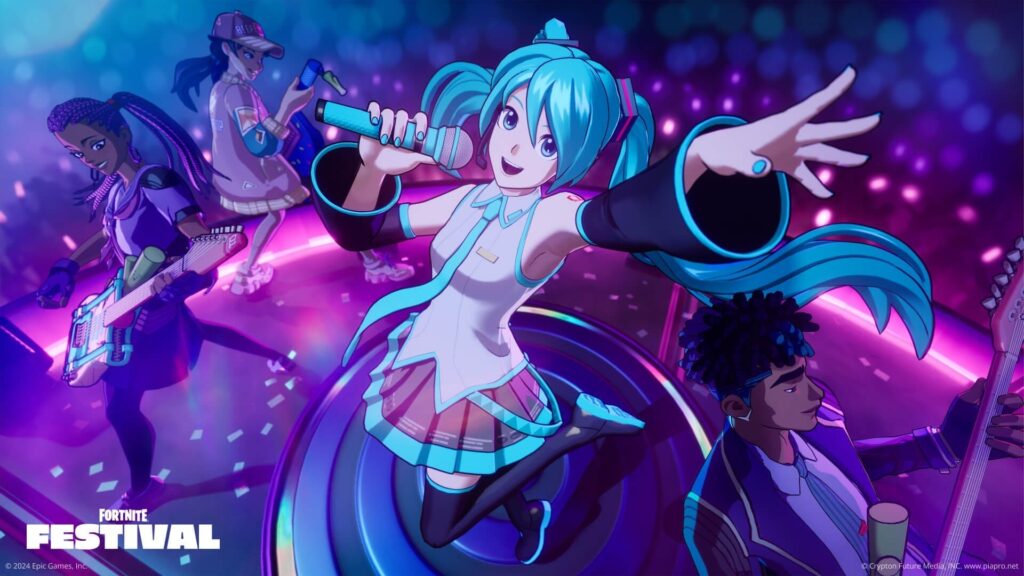 Hatsune Miku Fortnite skin performing on stage during Fortnite Festival