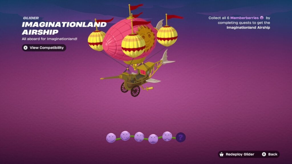 Fortnite Imaginationland Airship glider reward with Memberberries progress shown