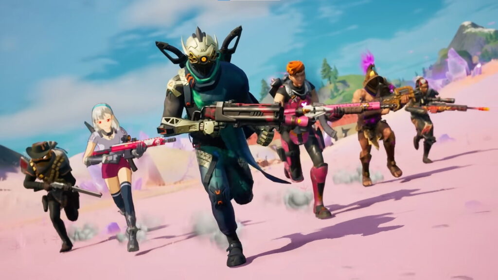 Fortnite squad sprinting across a colorful battlefield with mixed character skins