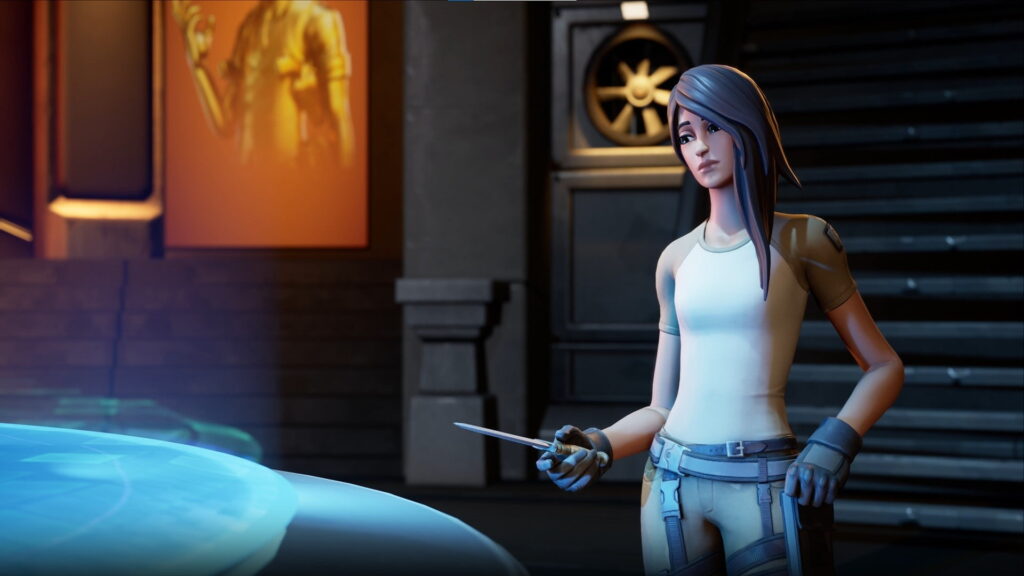 Maya Fortnite skin standing in a high-tech room, holding a blade