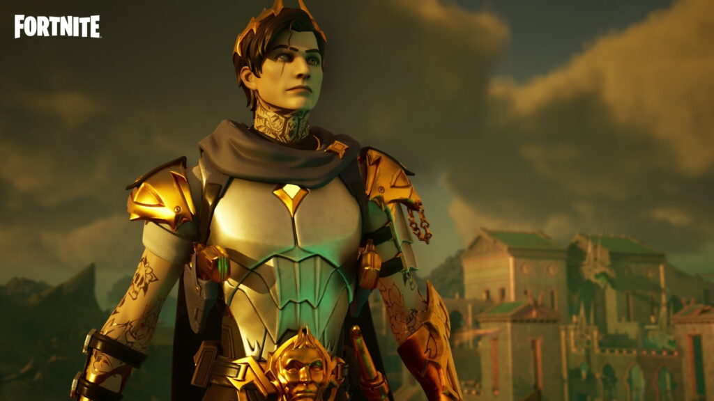 Midas Fortnite skin standing in golden armor with glowing accents