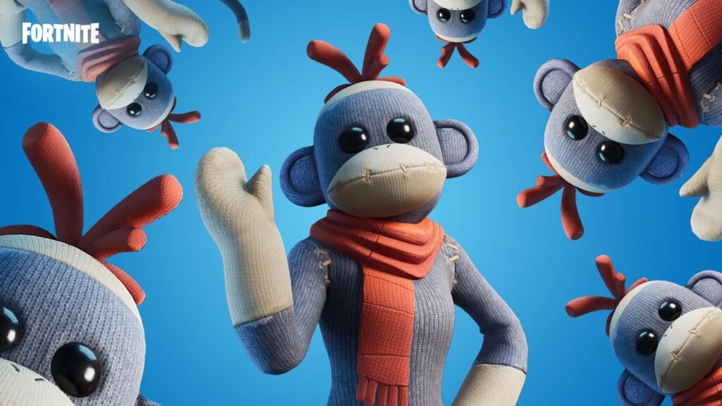 Monks Fortnite skin shown as a cute sock monkey character with stitched details and scarf