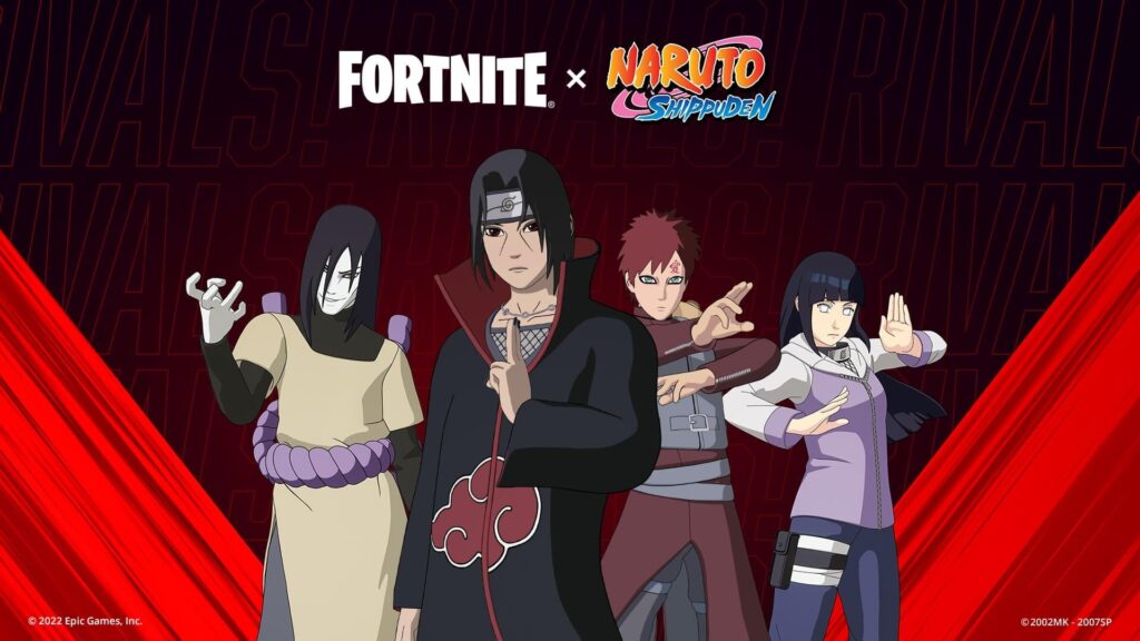 Fortnite x Naruto Shippuden crossover artwork featuring Itachi Uchiha, Orochimaru, Gaara, and Hinata