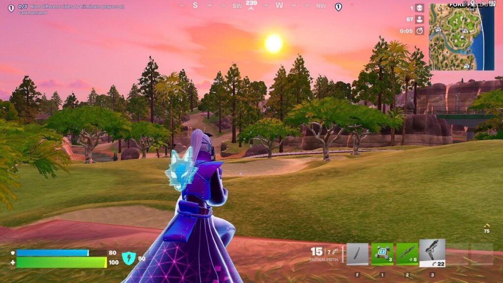 Fortnite Performance Mode example showing simplified environment visuals, low shadows, and optimized rendering for higher FPS