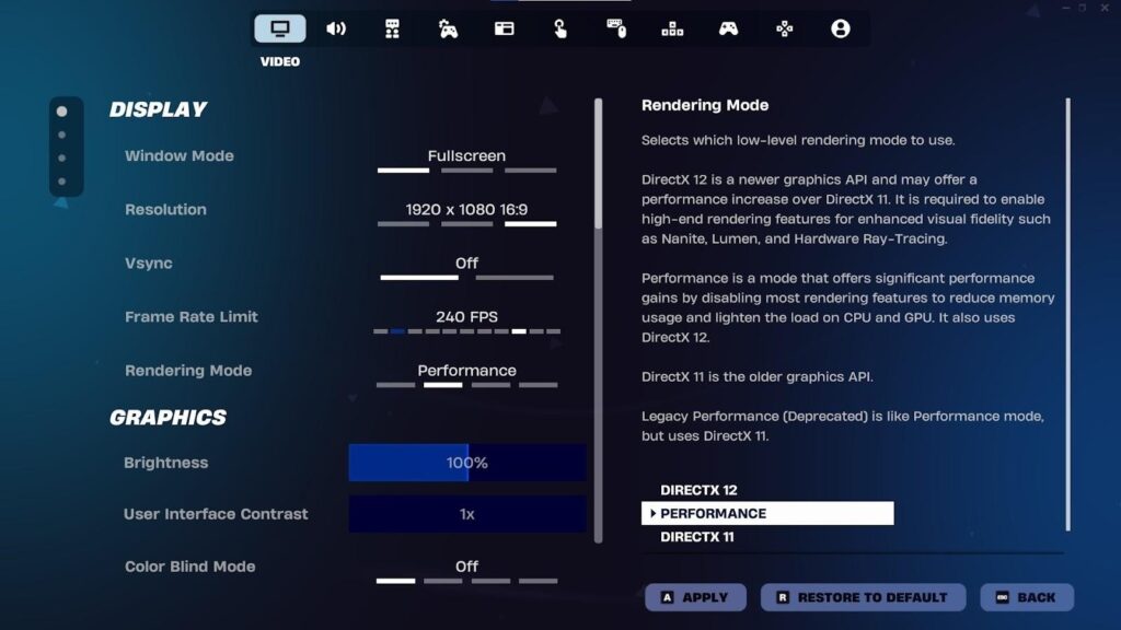 Video settings menu with display and graphics options
