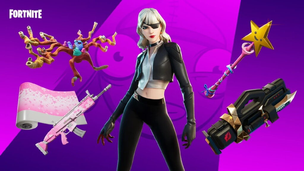 Siren Fortnite skin wearing a black leather outfit with matching weapons and cosmetics