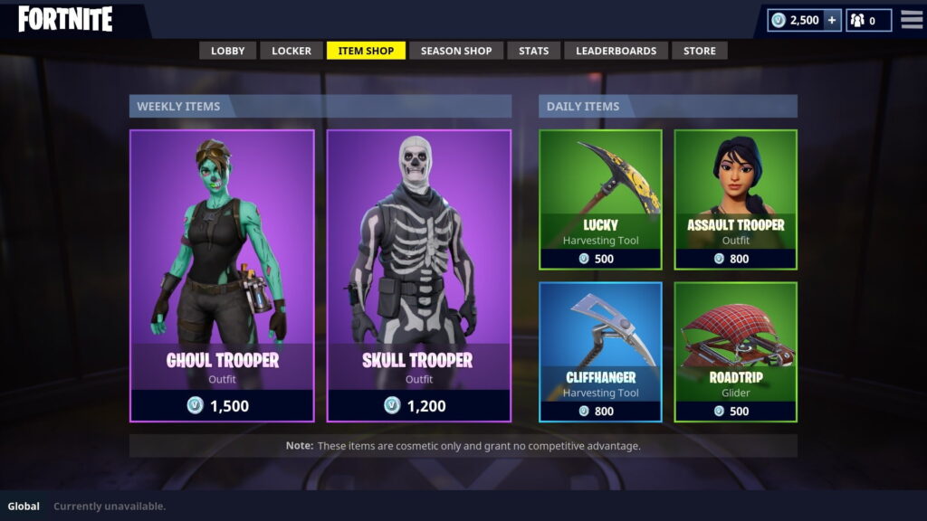Fortnite Item Shop screen featuring classic skins like Skull Trooper and Ghoul Trooper