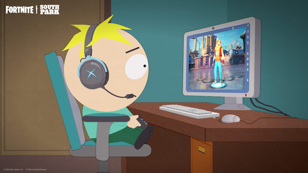 South Park character playing Fortnite on a PC with a headset and controller