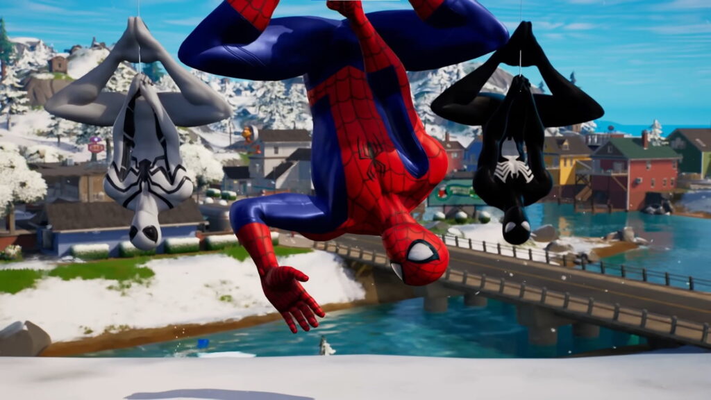 Spider-Man Fortnite skins swinging upside down over a snowy town