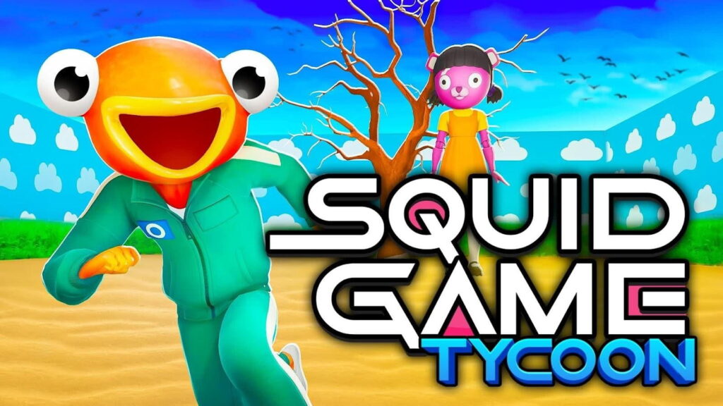 Squid Game cartoon characters in a colorful landscape