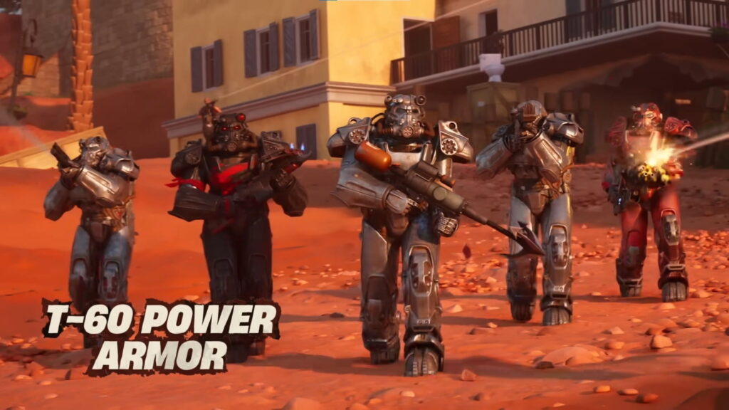 T-60 Power Armor Fortnite skin marching with multiple armored characters