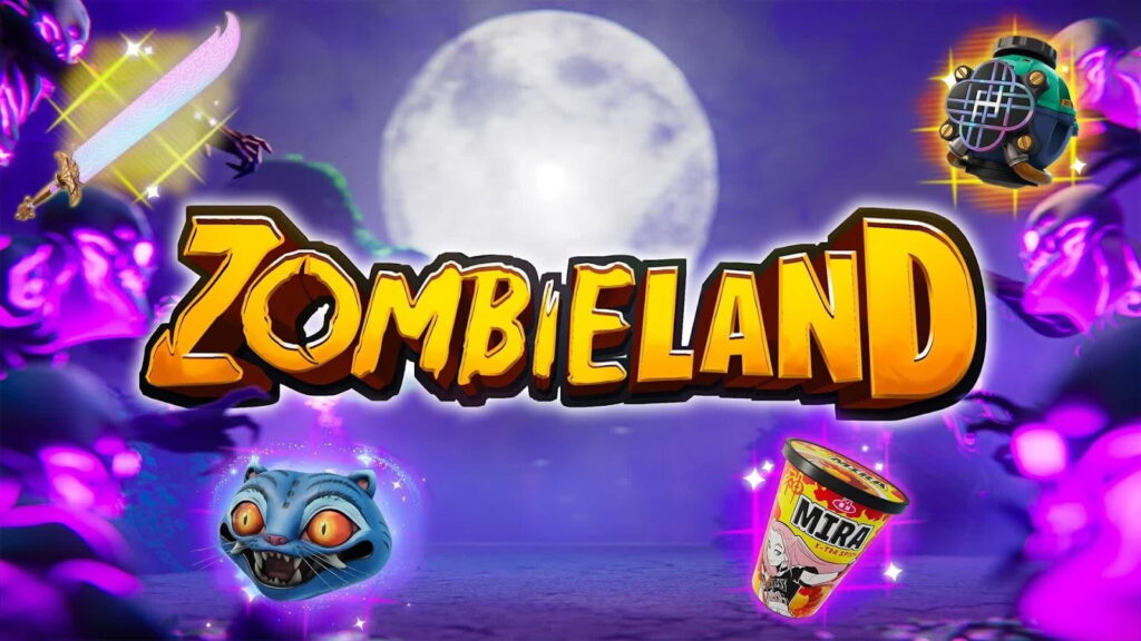 ZOMBIELAND graphic with a full moon, purple sky, and various vibrant items