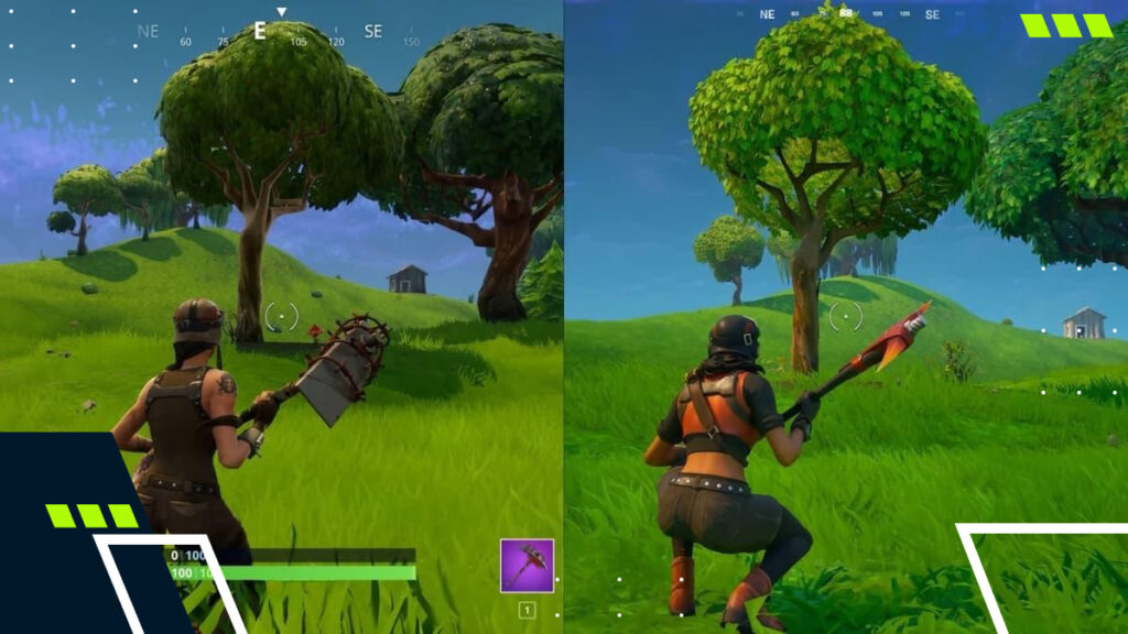 Fortnite gameplay split screen comparing Low graphics and Performance Mode