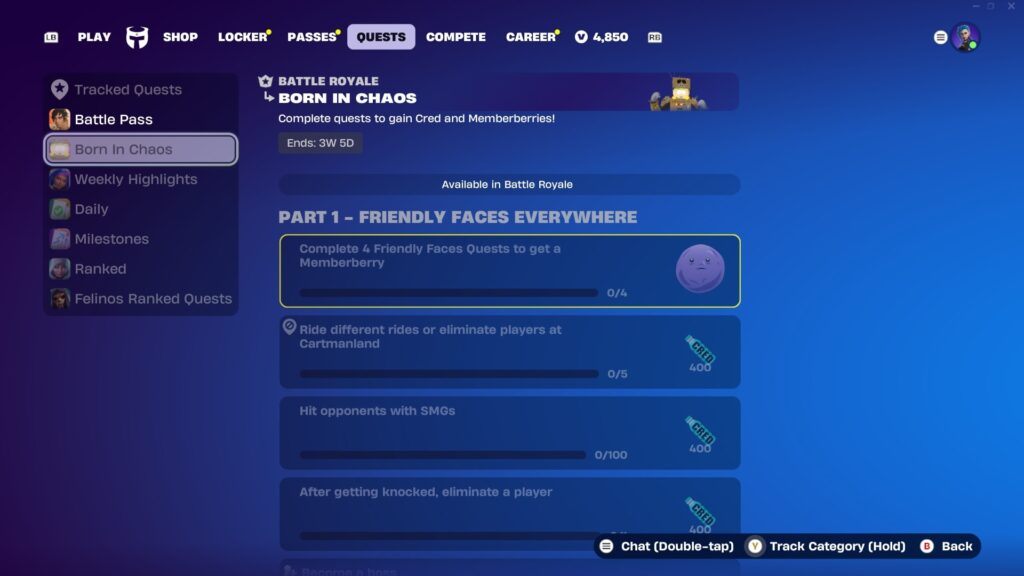 Fortnite x South Park Born in Chaos quests menu showing Part 1 Friendly Faces Everywhere