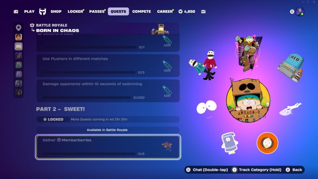Fortnite x South Park quests tab showing Born in Chaos Battle Royale challenges and Memberberries progress