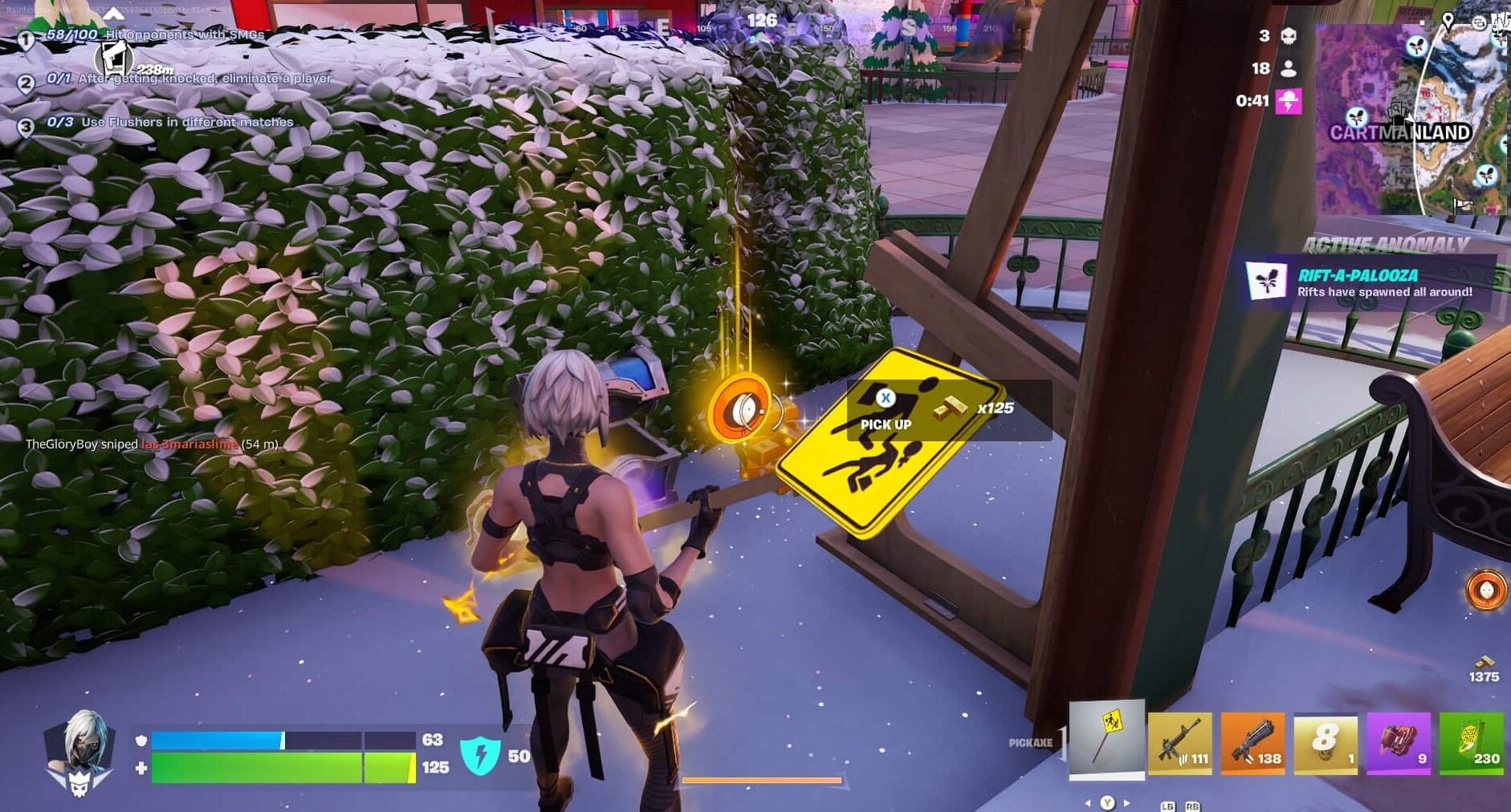 Fortnite gameplay showing a player picking up Cred during South Park Born in Chaos quests