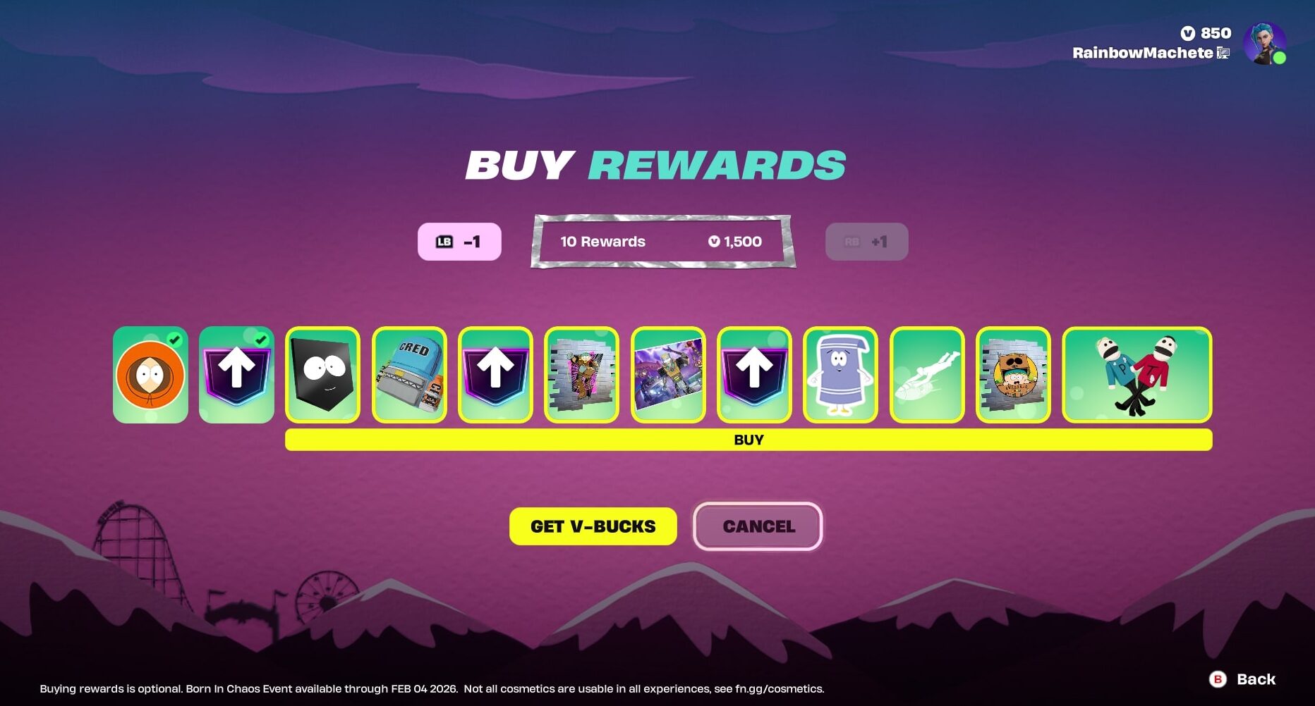 Fortnite x South Park mini Battle Pass screen showing the option to buy rewards with V-Bucks