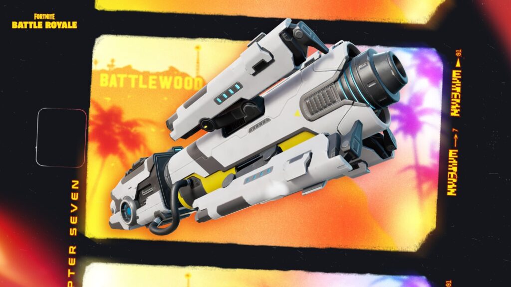 A sleek high tech launcher is showcased against a colorful Battlewood backdrop in Fortnite Battle Royale
