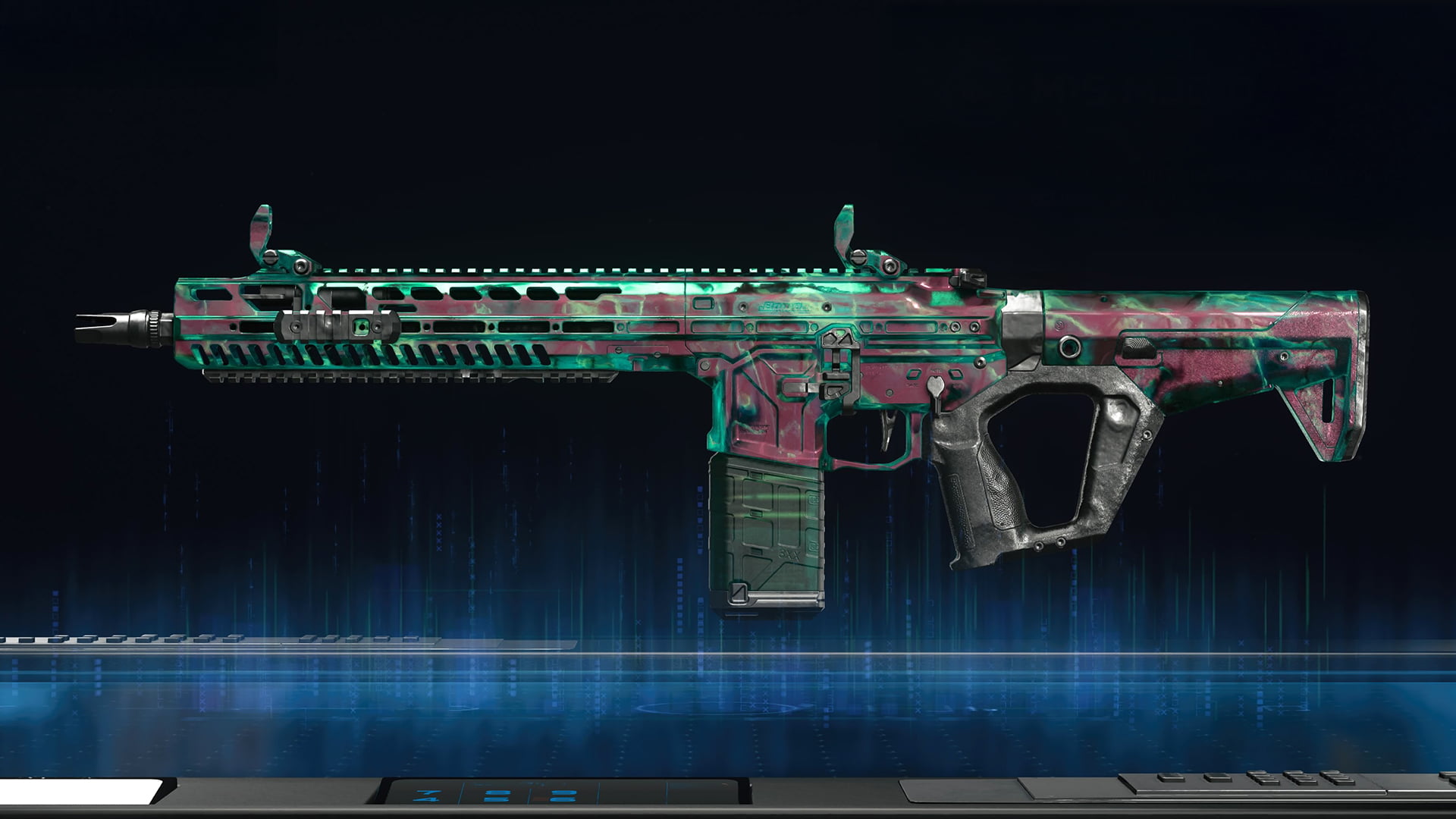 The camouflage shown is the Genesis camouflage from Call of Duty: Black Ops 7. It has a unique animated appearance that combines green and red/burgundy patterns