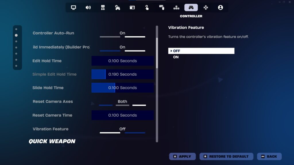 Fortnite controller settings menu showing how to adjust aim assist options, including vibration feature, edit hold time, slide hold time, and camera reset settings for controller players.