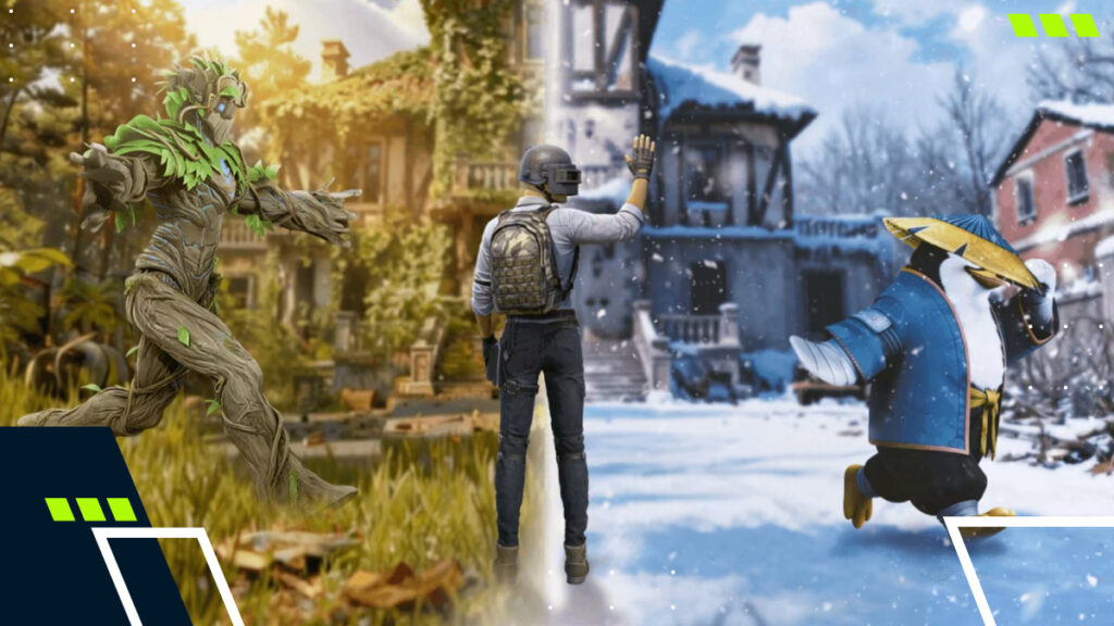 PUBG Mobile 4.2 shows characters crossing between a lush forest and a snowy town during a themed event