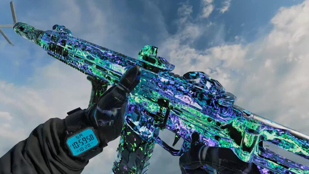 The image shows an assault rifle with the Toxic Infestation camouflage. This camouflage is exclusive to the Zombies mode in Call of Duty: Black Ops 7