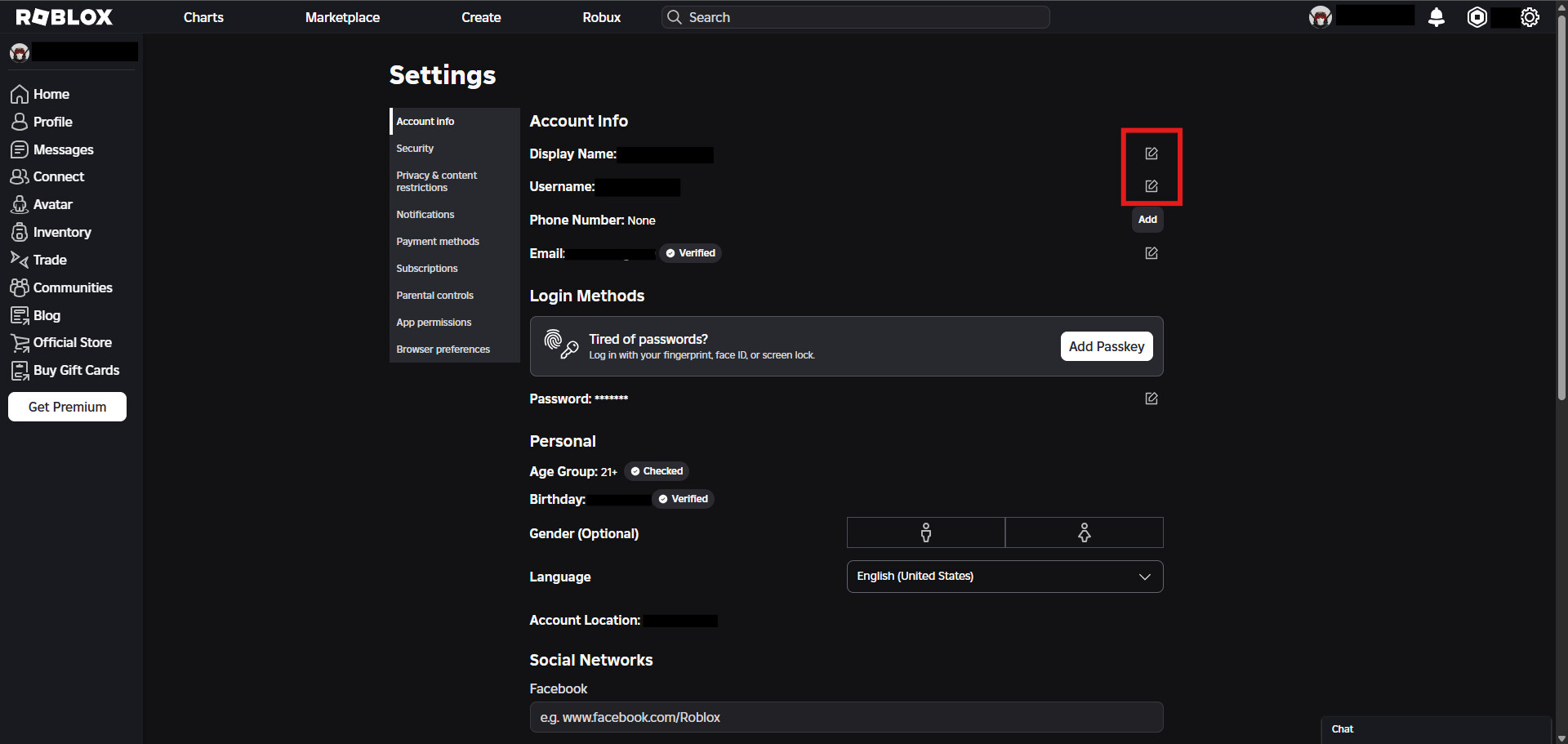 Roblox Account Info page with Display Name edit option