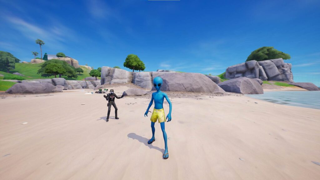 Human Bill Fortnite Chapter 7 boss depicted as a blue alien character on the beach, representing the Arc-Lightning Gun Mythic and low-gravity boss kit ability.