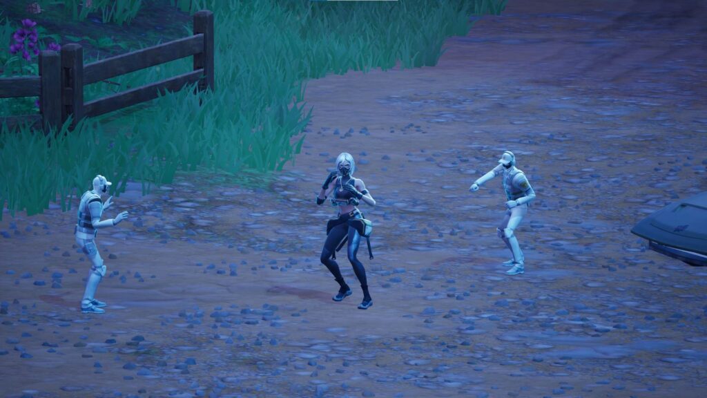 Hush Fortnite boss wielding the Mythic Deadeye Assault Rifle inside a building, highlighting her stealth combat style and zero-point dash kit ability.