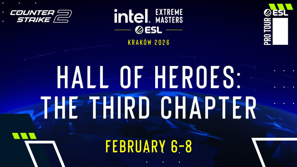 CS2 IEM Kraków 2026 Hall of Heroes banner announcing the February 6–8 playoffs