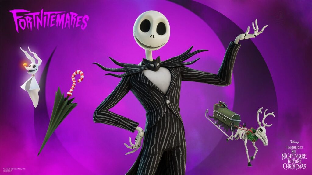 Fortnite character in a pinstripe suit with a skeletal face poses