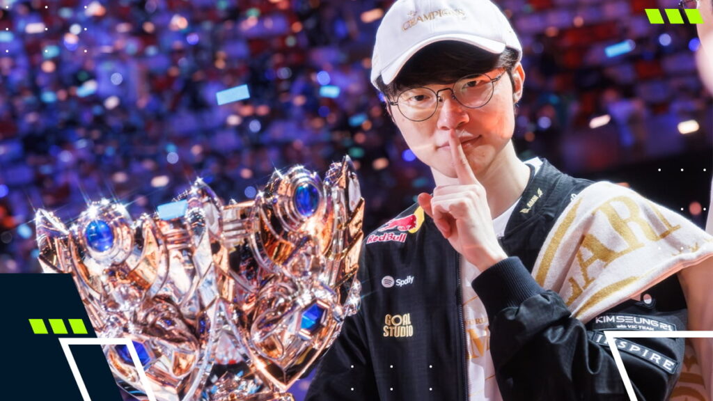 T1’s Faker holding the Worlds trophy