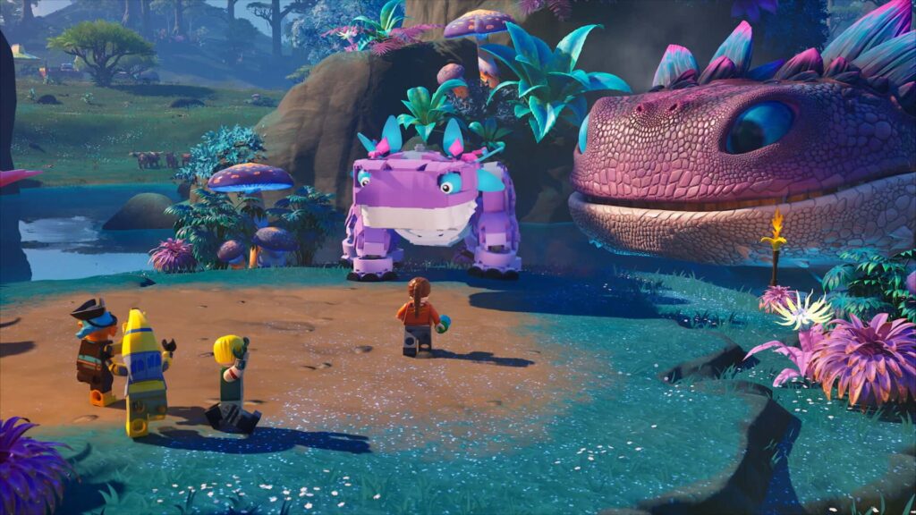 LEGO Fortnite characters encountering large creatures in a jungle biome