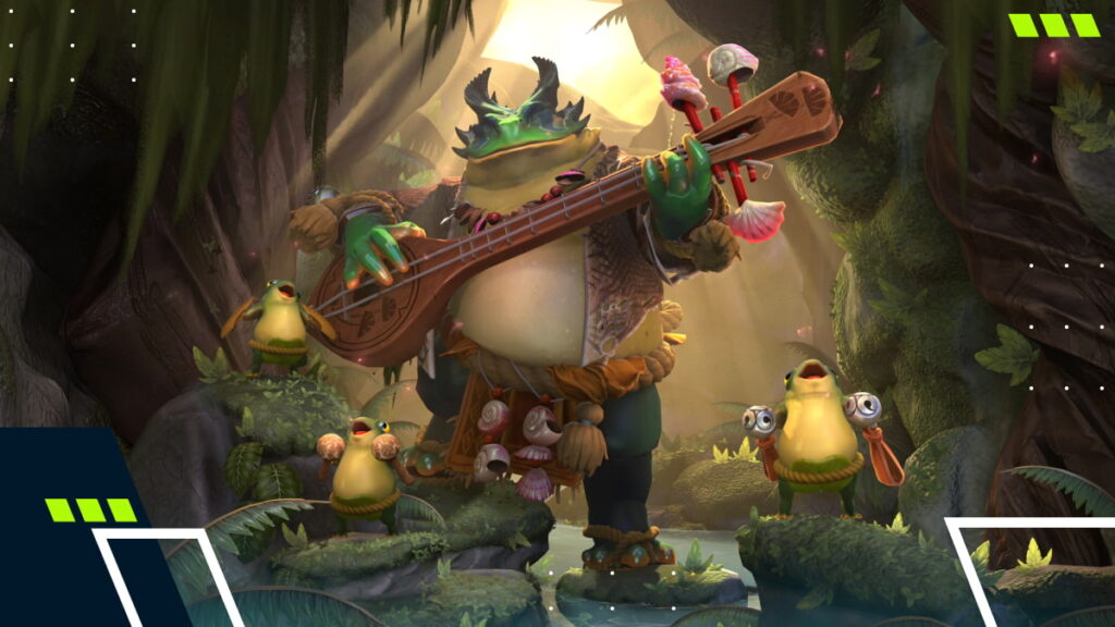 Largo playing a stringed instrument surrounded by froglings in a Dota 2 hero artwork