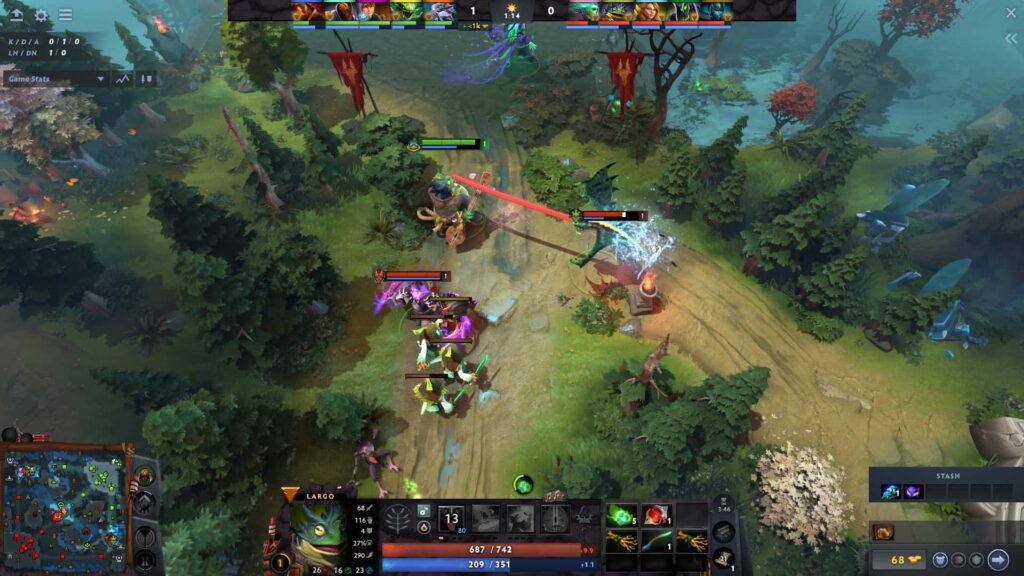 Largo using Catchy Lick to pull an enemy hero during a lane skirmish in Dota 2
