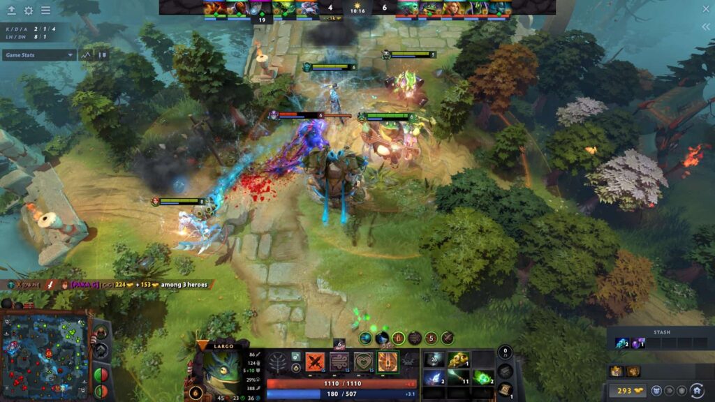 Largo sustaining allies with team buffs during a coordinated deathball push in Dota 2