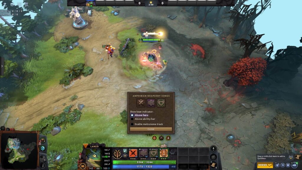 Largo’s Amphibian Rhapsody rhythm settings menu shown during gameplay in Dota 2