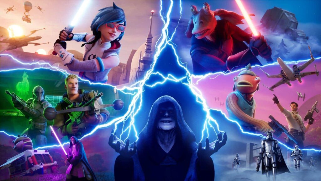 Heroes and villains from multiple franchises face off around crackling energy in Fortnite