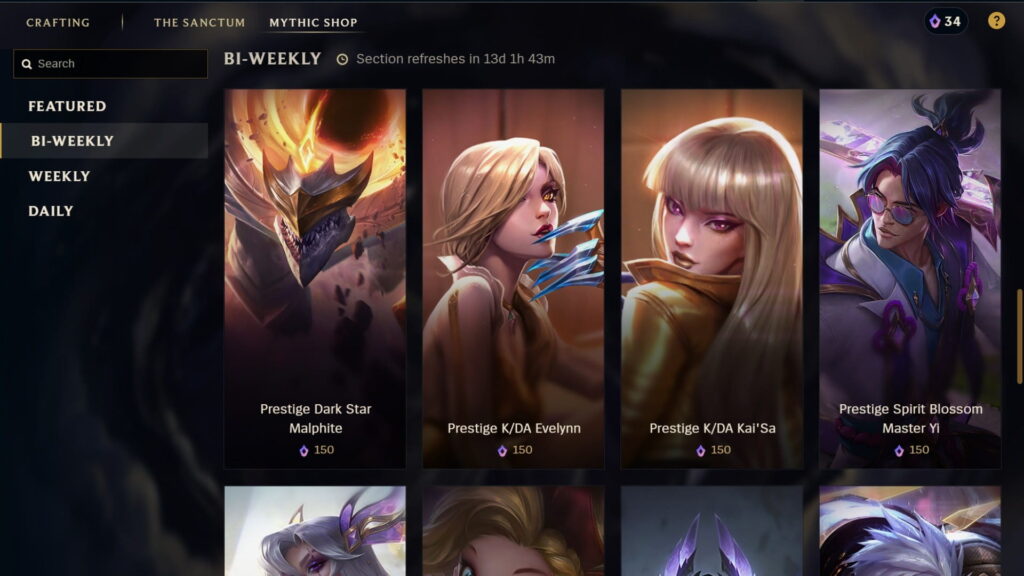 League of Legends Mythic Shop bi-weekly skins lineup in client interface