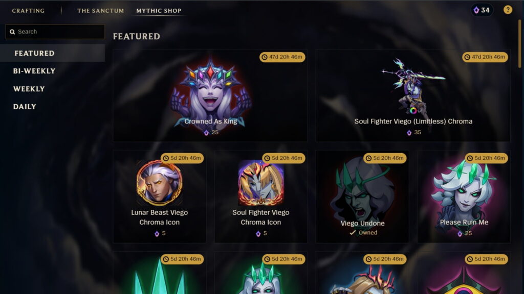 League of Legends Mythic Shop featured items and chromas in client interface