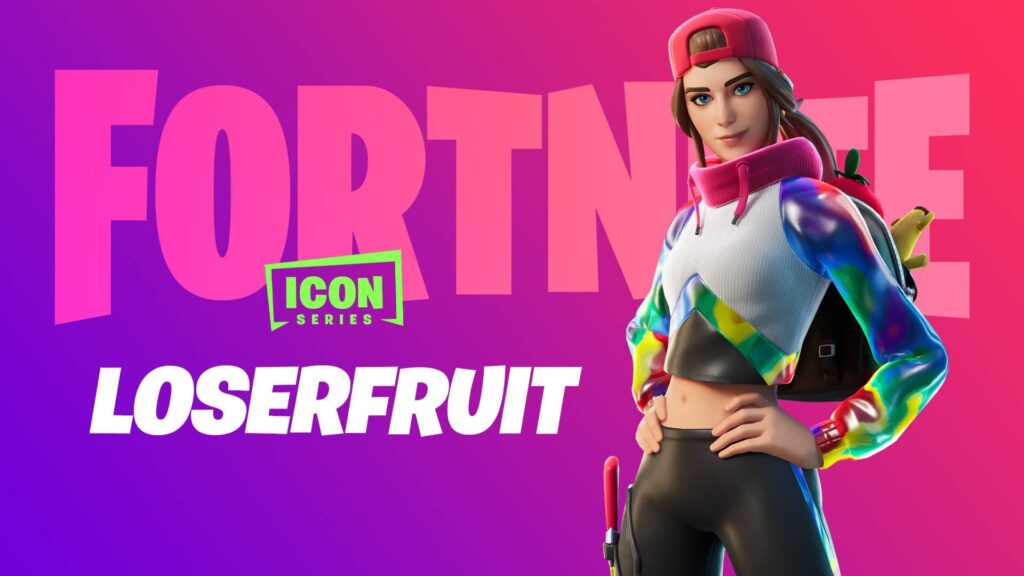 Loserfruit Fortnite Icon Series skin featuring the creator’s character wearing a colorful hoodie, pink cap, and backpack against a vibrant Fortnite background.