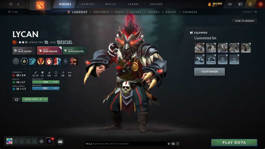 The Lycan hero customization and stats screen is shown inside the Dota 2 client