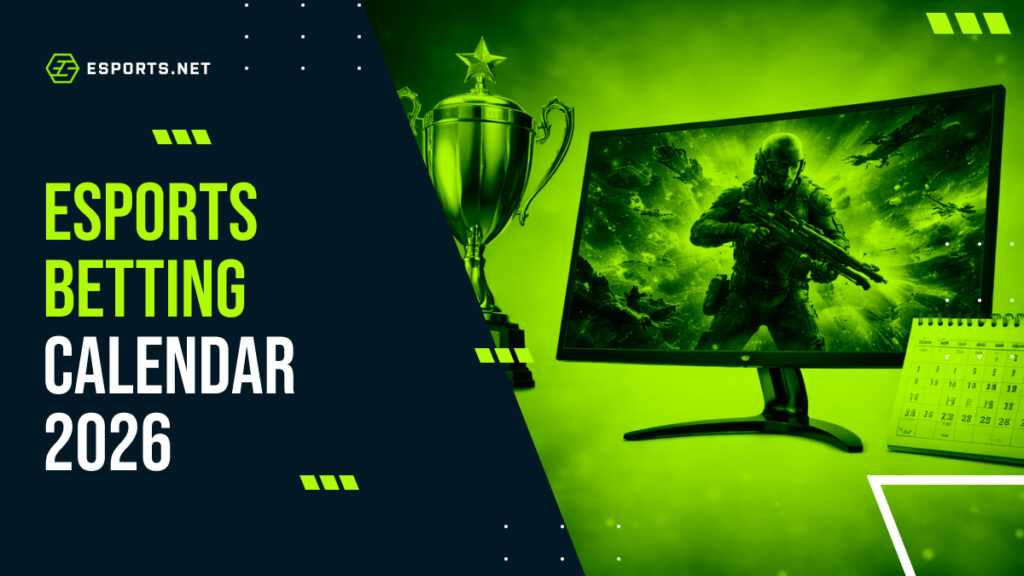 Esports betting calendar 2026 graphic featuring a championship trophy, tactical FPS soldier on a gaming monitor, and event calendar highlighting major esports tournaments for bettors.