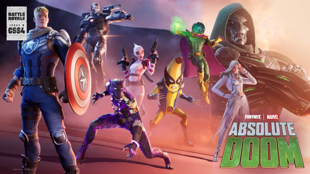 A lineup of Marvel characters prepares for battle during the Fortnite Absolute Doom crossover