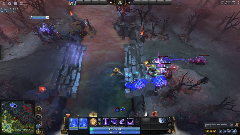 Multiple heroes clash near the river bridge during a chaotic Dota 2 team fight