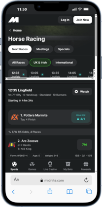 Screenshot of the Midnite horse racing betting site