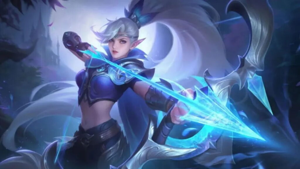 Mobile Legends: Bang Bang archer hero aiming a glowing blue bow in battle