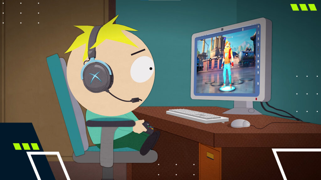 Butters Stotch playing Fortnite on a desktop PC, with a Fortnite character visible on the screen